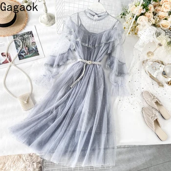 

Gagaok 2020 Sweet Women Dress Spring Autumn Solid V-Neck Puff Sleeve Mesh Ruffles Slim Chic Wild New Female Fashion Dresses
