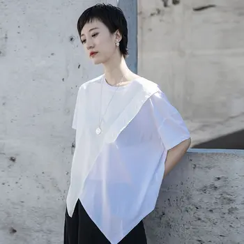 

Loose Hong Kong Style Minimalism White Button Patchwork Irregular Casual Short Sleeve T Shirt 2020 Summer New Tee Women DMY4063
