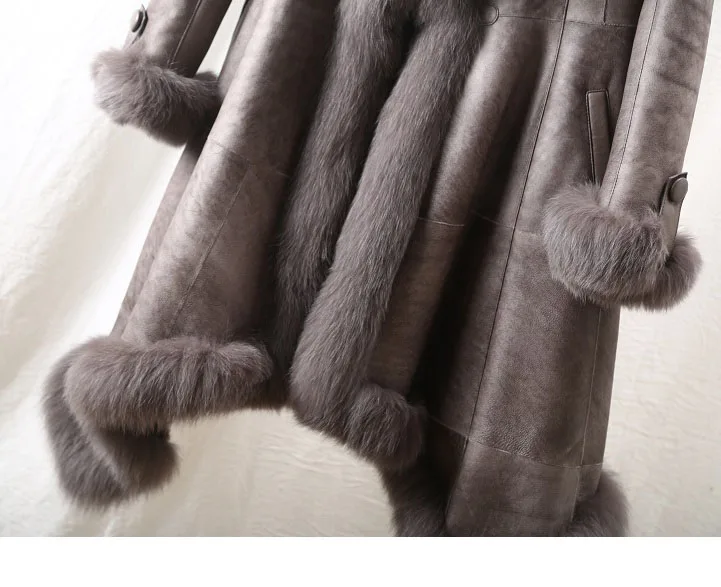 fashion winter new real leather lamb fur grass one coat coat women's long fox windbreaker fur