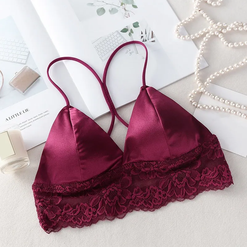 

Women's Sexy Cropped Underwear Tops Women's Satin Silk Beauty Back Lace Bandeau Padded Bra Bra