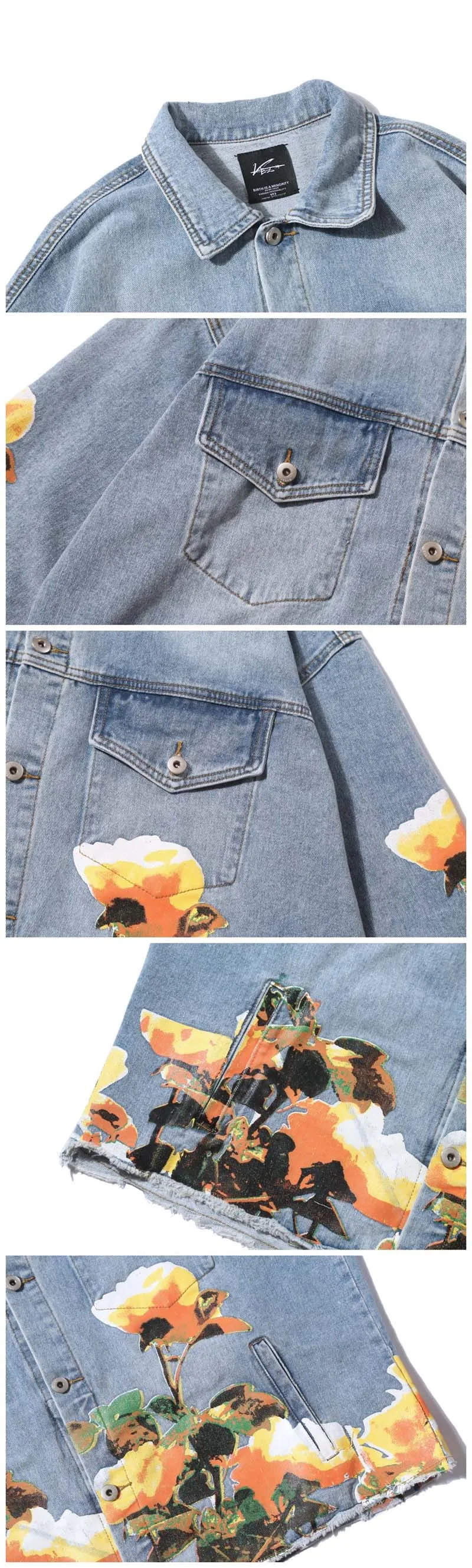 UNCLEDONJM джинсовые куртки с цветочным принтом для мужчин s High Street Distressed джинсовая куртка пальто мужские и женские хип хоп Уличная#1992
