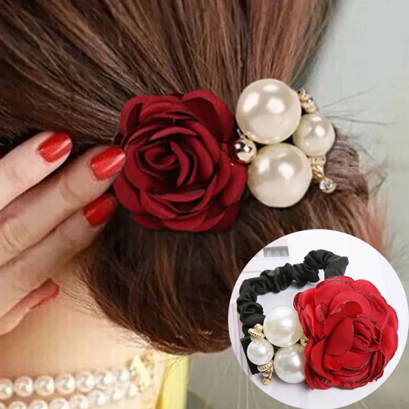 

Fashion Hair Accessories For Women Style Big Pearl Rose Flower Rhinestone Hair Bands Elastic Hair Rope Ring 6 Colors for Girls