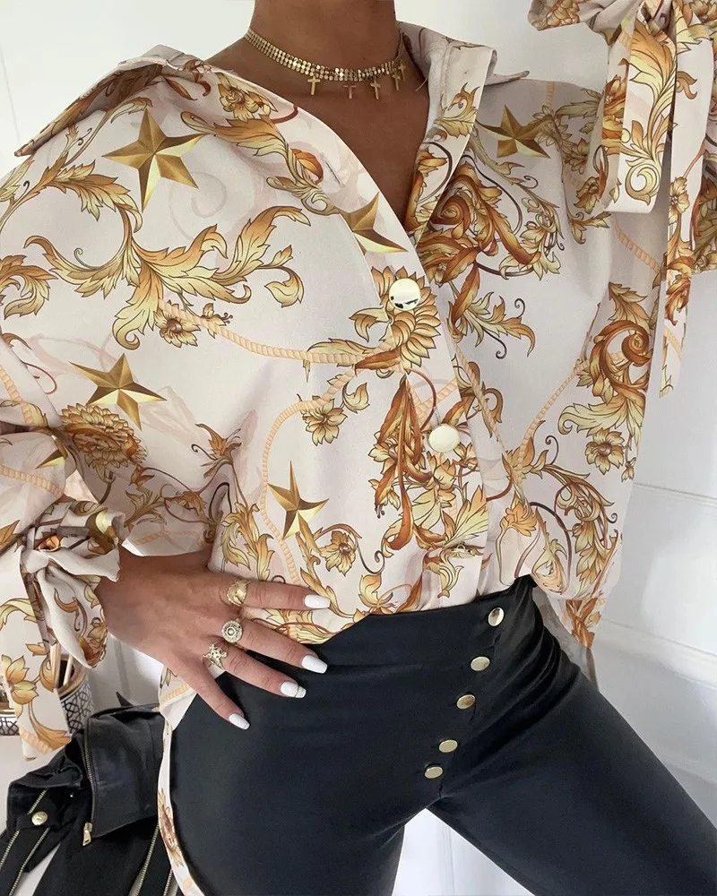 Baroque Print Button Up Knot Detail Shirt Top Women Autumn 2021 New Fashion | Женская одежда