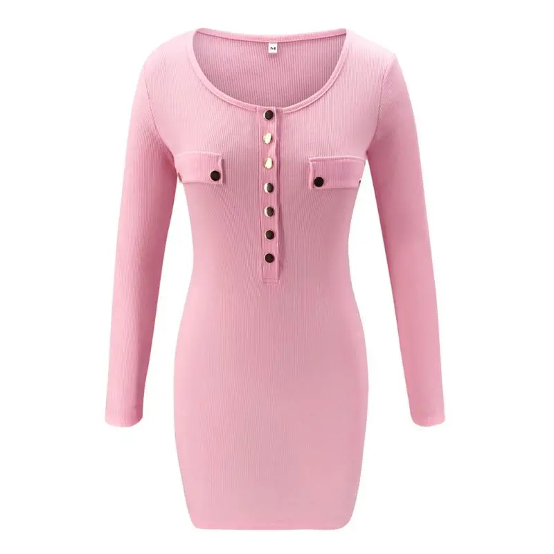 

Women Long Sleeve Club Button Ribbed Pencil Sexy Party Bodycon Short Mini Dress