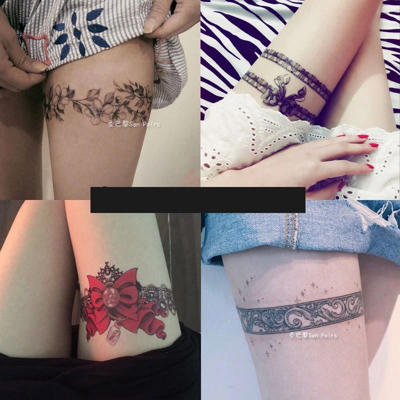 Pegatinas de tatuaje temporal de encaje para muslo, tatuajes sexys para mujeres, tatuajes negros impermeables, arte corporal, anillo para piernas,