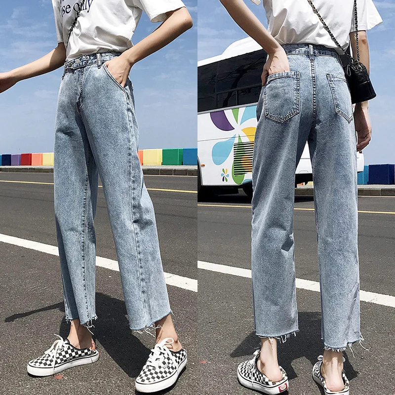 Высокая Талия Для женщин свободные прямые джинсы брюки с широкими штанинами Джинсовые классические брюки женская уличная парень, девушка, уличная одежда