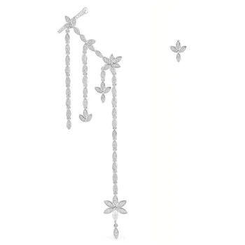 

SLJELY High Quality Real Pure 925 Sterling Silver Asymmetric Floral Leaf Ear Cuff Zircon Tassel Earrings with Stud Women Jewelry