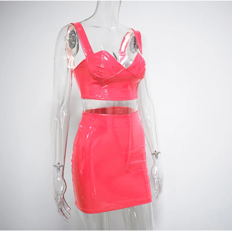 Colysmo, летнее женское платье из искусственной кожи,, открытая спина, на груди, с v-образным вырезом, сексуальные вечерние платья из двух частей, мини бодикон, неоновое, розовое