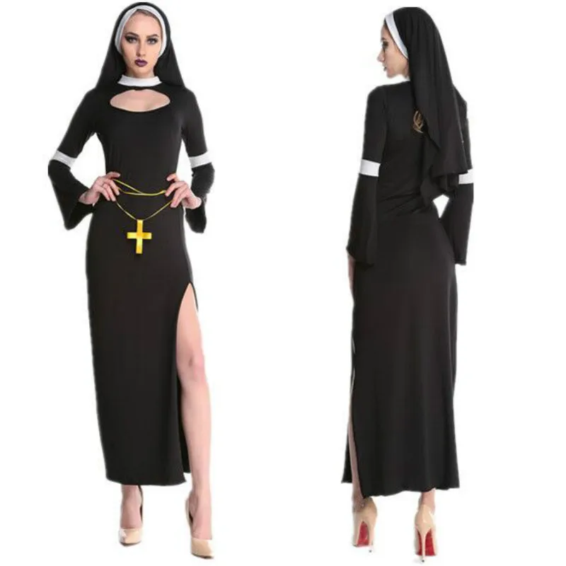 

2019 New Hot Arab Clothing Black Sexy Catholic Monk Cosplay Dress Halloween Costumes Nun Costume