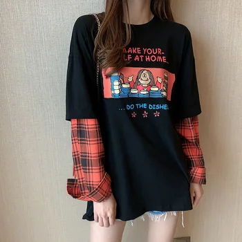 

T Shirt Korean Style Loose Long Sleeve Casual Spring Summer Cotton Black White Mock Two Piece Free Shipping 2020 O Neck Harajuku