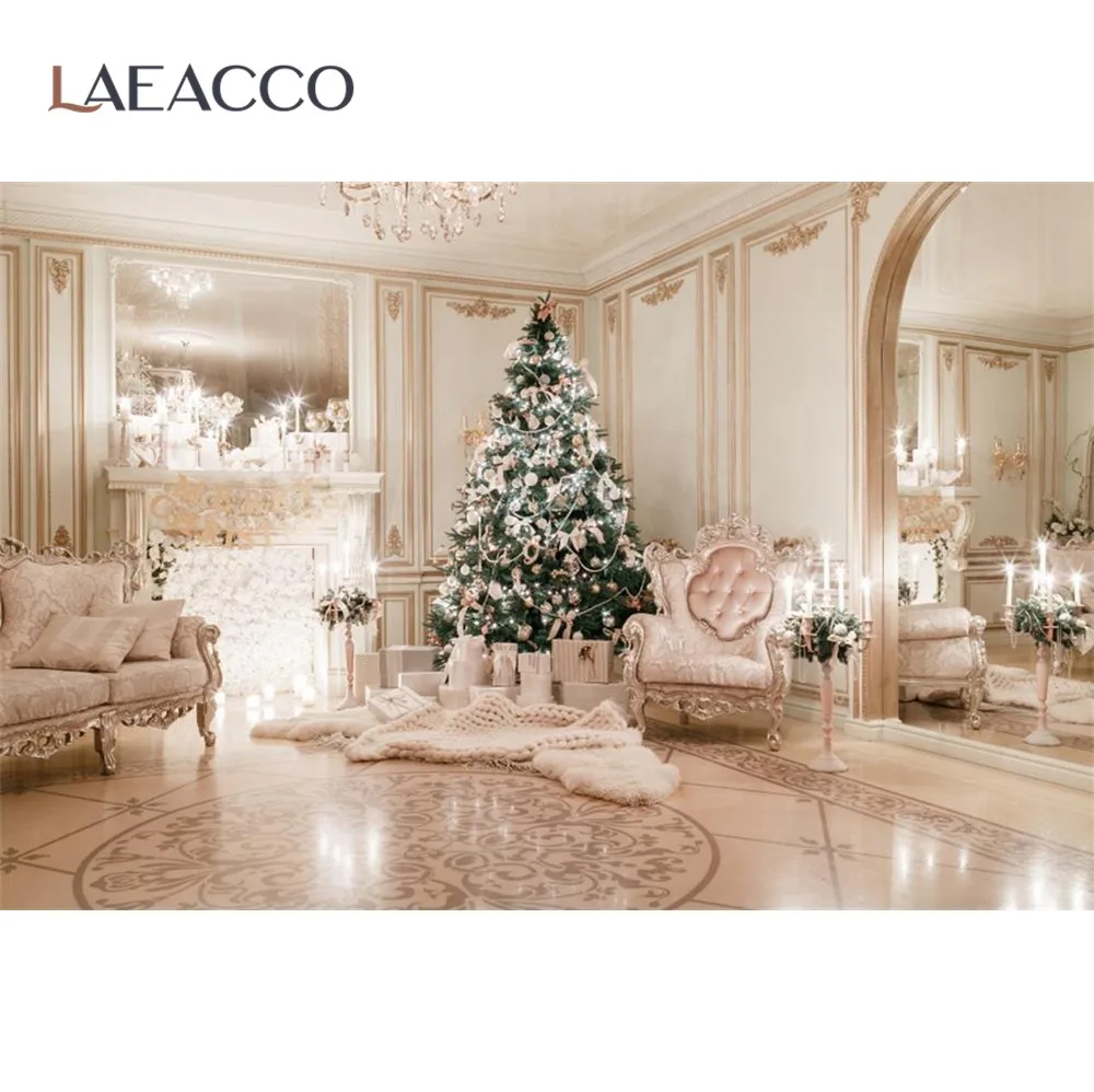 Laeacco Vinyl 7x5ft Christmas Photography Backdrops Indoor Christmas Tree Gift Boxes Burning Fireplace Red Candlesticks Roses Clock Wooden Floor Background Child Kids Adult Portrait Shoot