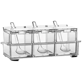

3 Cells Set Seasoning Rack Spice Pots Storage Container Condiment Jars Cruet with Cover and Spoon Kitchen Utensils Supplies