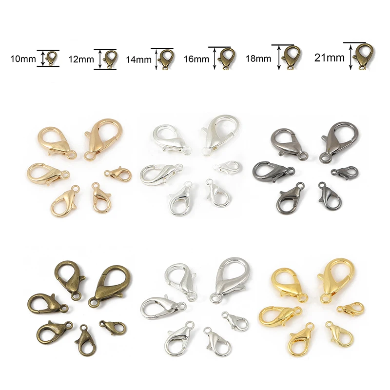 

20-50Pcs Lobster Clasps 10/12/14/16/18/21mm Mix Color Metal Hooks End Connectors Findings For Jewelry Making DIY Necklace Buckle