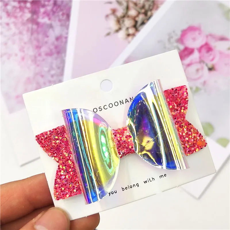 

1PCS Lovely Leather Glitter 3.2 Inch Bows Elastic Hair Bands Hairpin Pink Clips Party Barrettes Hair Accessories For Baby Girls