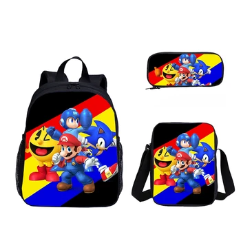 

3PCS Kindergarten School Bag Set Super Mario Vs Sonic The Hedgehog Print School Backpack For Boys Girls Travel Bookbag Schoolbag