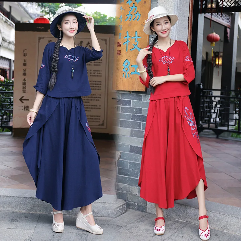 

New Style Ethnic-Style Large Size Embroidery Cotton Linen Slim Fit Slimming Culottes Frog Shirt Two-Piece Set Hugh WOMEN'S Dress