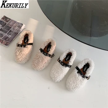 

Autumn Winter Flats Fur Shoes Women Shallow Loafers Buckle Slip on Shoes Round Toe Furry Slide Comfortable Zapatos De Mujer