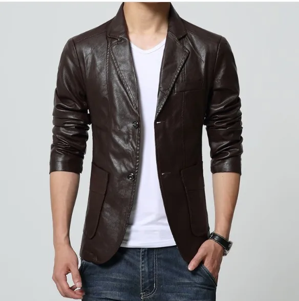 Весна и осень стиль мужской из искусственной кожи корейский стиль Slim Fit Большой размер pi xi zhuang моющийся микро эластичный с одной кнопкой PU L