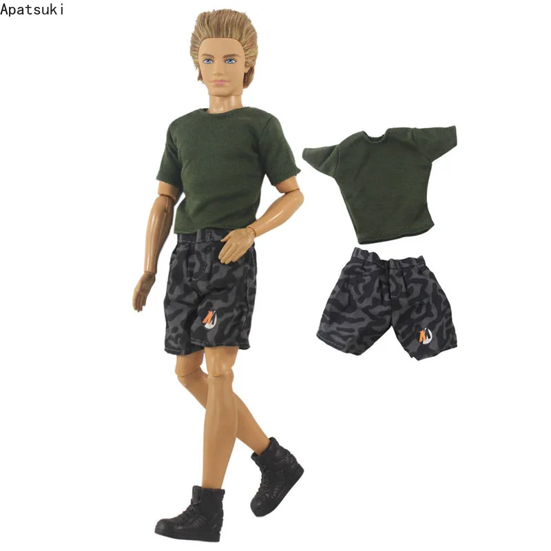 1/6 Boy Doll Clothes For Ken Doll Outfit Army Soldier Green T-Shirt E Pantaloncini Per Barbie Boyfriend Ken Boy Dolls Accessori