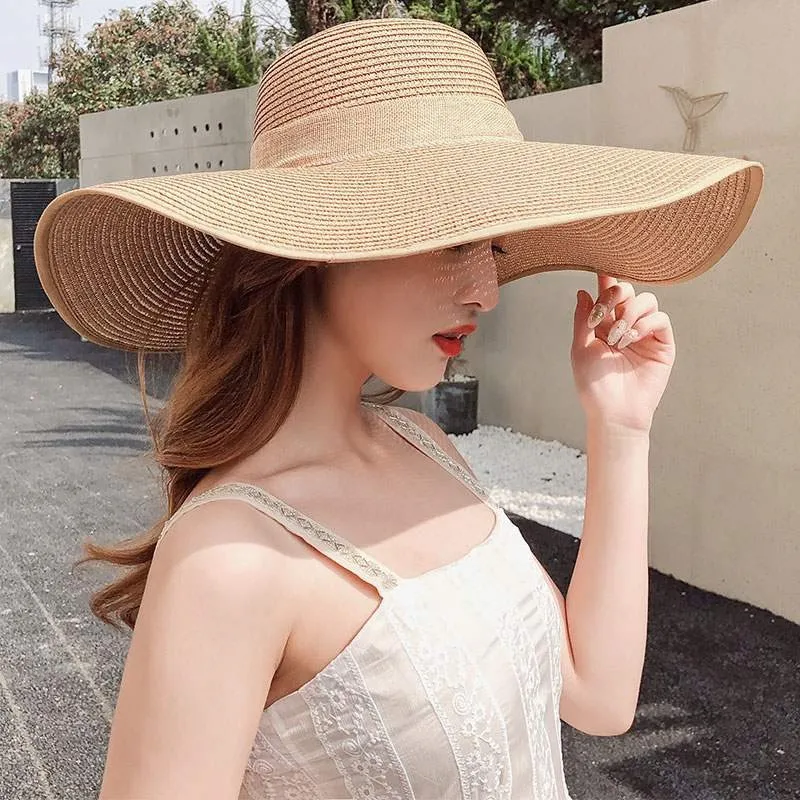 Big Head Circumference Solid Color Wide-brimmed Summer Hat Big-brimmed Straw Hat and Travel Seaside Sun