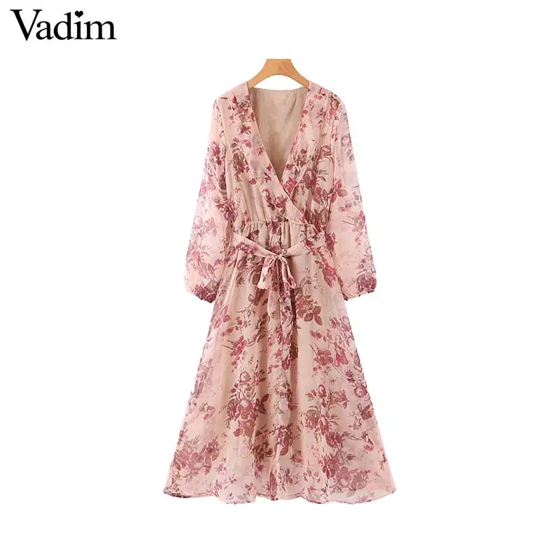 

Vadim sweet floral print chiffon maxi dress V neck ruffles bow tie sashes long sleeve female pink cute long dresses QC690