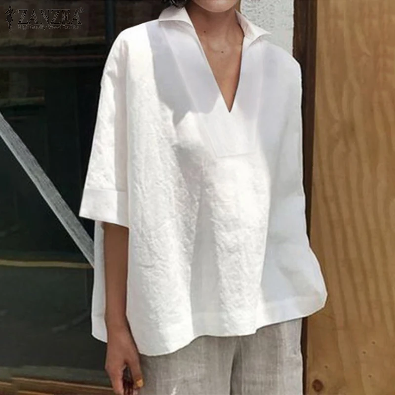 

ZANZEA 2019 Fashion Women Tops and Blouses Ladies Casual Solid Shirts Loose V Neck Blusas Cotton Tunic Chemiser Mujer Plus Size