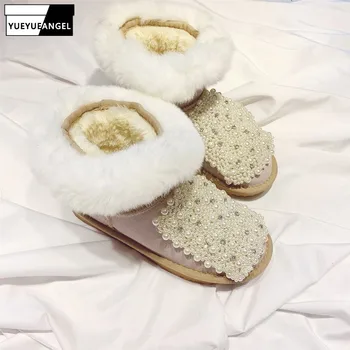 

Manual Pearls Beading Genuine Leather Womens Snow Boots Flat With Natural Cowhide Ankle Boot Slip-On Warm Furry Cotton Shoes