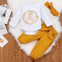 Одежда для маленьких девочек; осенний комплект из 3 предметов для новорожденных; хлопковый комбинезон; штаны в горошек; повязка на голову; осенняя одежда; комплект одежды для маленьких девочек