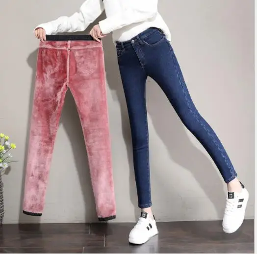 Blue Pink Вельветовые джинсы с высокой талией, женские брюки, зима, винтажные джинсы, женские джинсовые узкие брюки, плотные обтягивающие джинсы, зимняя одежда для женщин M236 - Цвет: Blue Pink