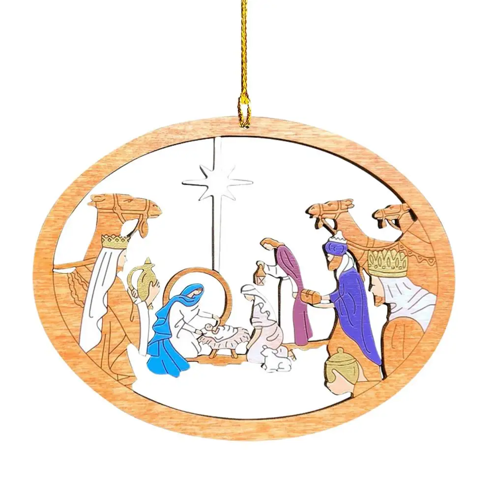 Nativity Scene Tree Ornaments Novelty Hollow Wooden Tree Pendants