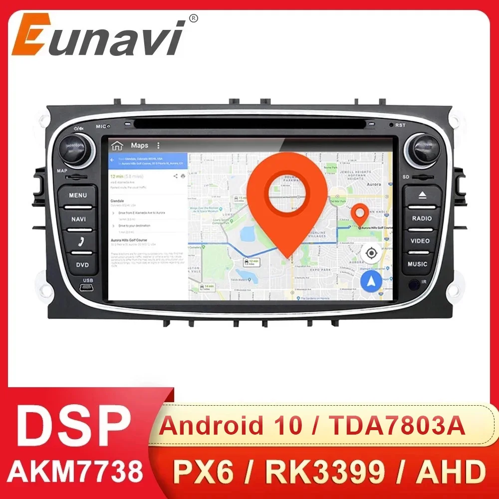 Eunavi 2 Din Android 10 Car DVD Radio Multimedia GPS Auto For FORD Focus Mondeo S-MAX C-MAX Galaxy 4G 64GB DSP Headunit DSP