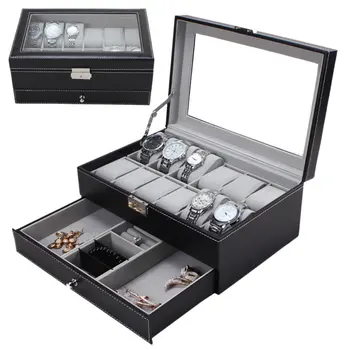 

12 Grids Slots Watches Storage Box Double Layers PU Leather Watch Case Organizer Box Holder Black Color for dropshipping