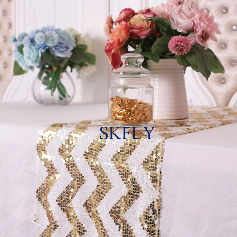 RU018H Wedding popular zig zag 12''*108'' gold and white chevron sequin table runner | Дом и сад