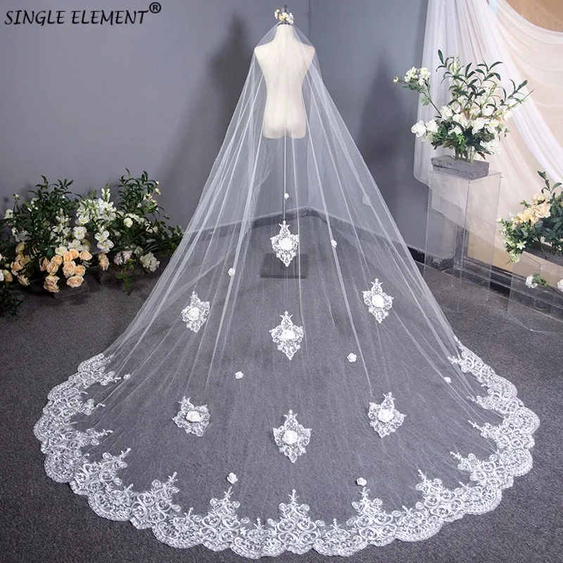 

New Arrival Real Photo 3m Length 3m Width One Tier Lace And Flowers Cathedral Wedding Bridal Veil