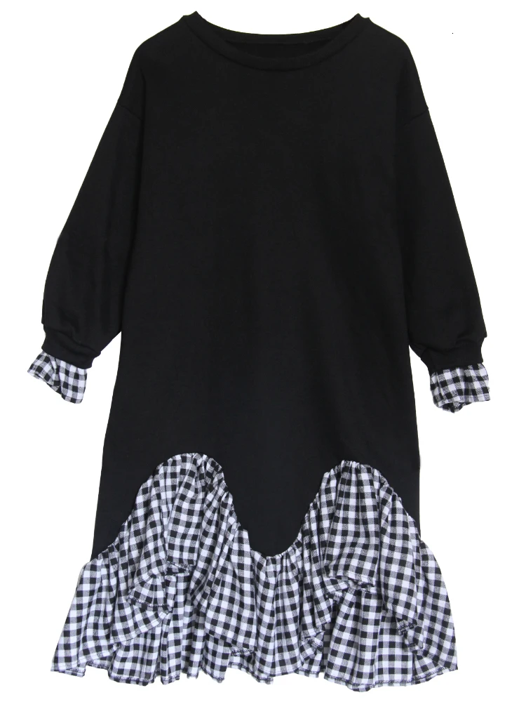Vefadisa Plaid Patchwork Sweatshirt Dress Woman Winter Ruffle Sweatshirt Dress Black Pullovers Sweatshirt Dress QYF1182