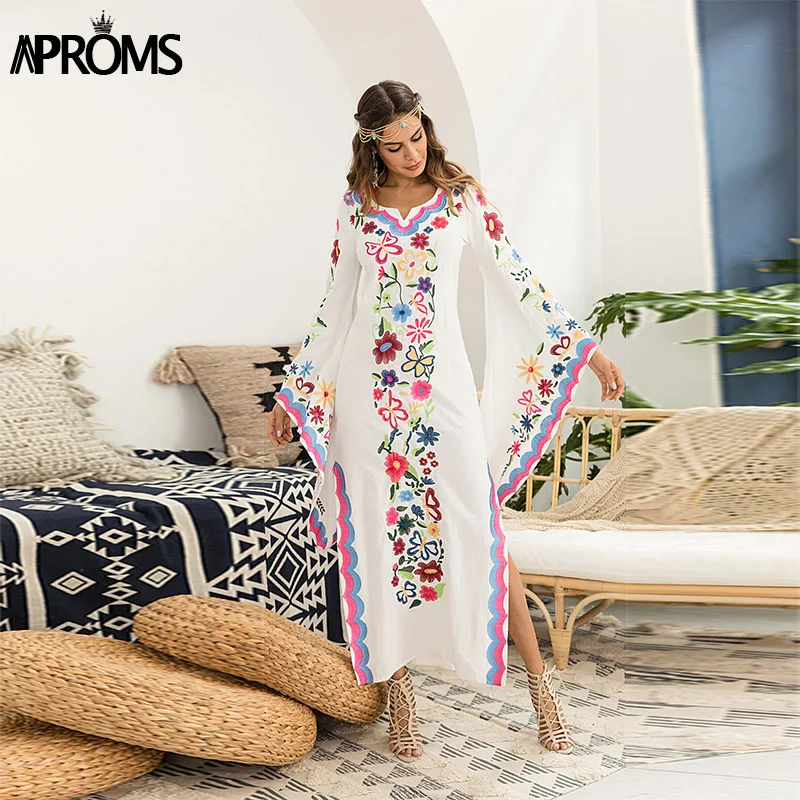 Aproms богемное платье с длинным Расклешенным рукавом с цветочной вышивкой Макси женское сексуальное платье Бохо с разрезом сбоку праздничное длинное платье Vestidos