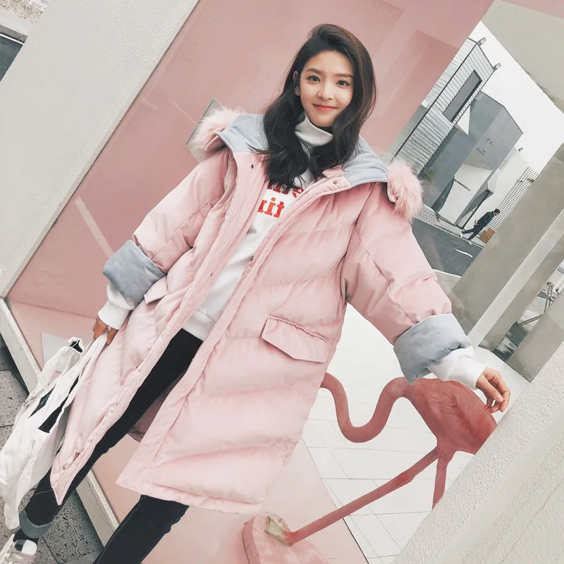 

2019 Chic Korean-style Haze Blue Mid-length Velvet down Coat Hooded Large Fur Collar Loose-Fit Cotton Overcoat Women's Winter
