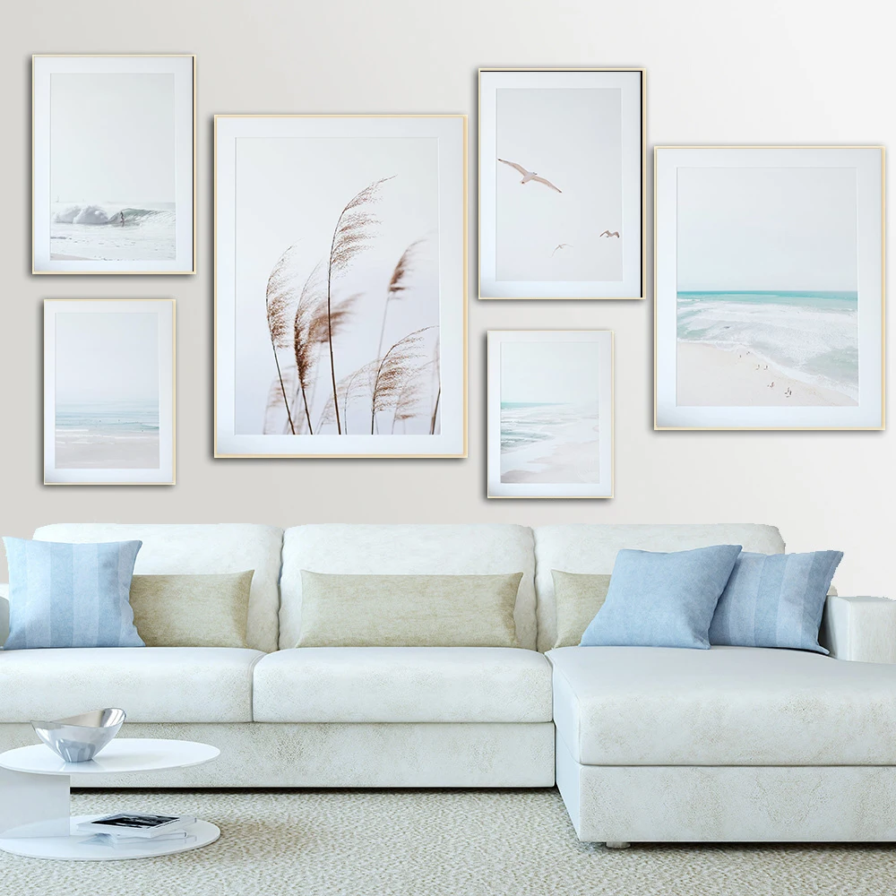 Nordic Modern Beach Landscape Picture Decorazione Della Casa Wall Art Canvas Painting Seaside Beach Reed Seagull Surf Scenery Poster