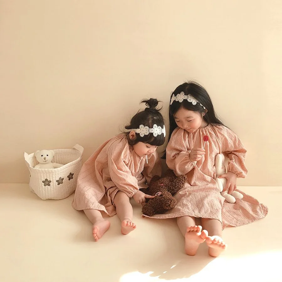 Bamboo fiber children's clothes Korean embroidered girls' princess skirt spring and autumn suspender dress set little girls'  sister dress Bamboo fiber children's clothes