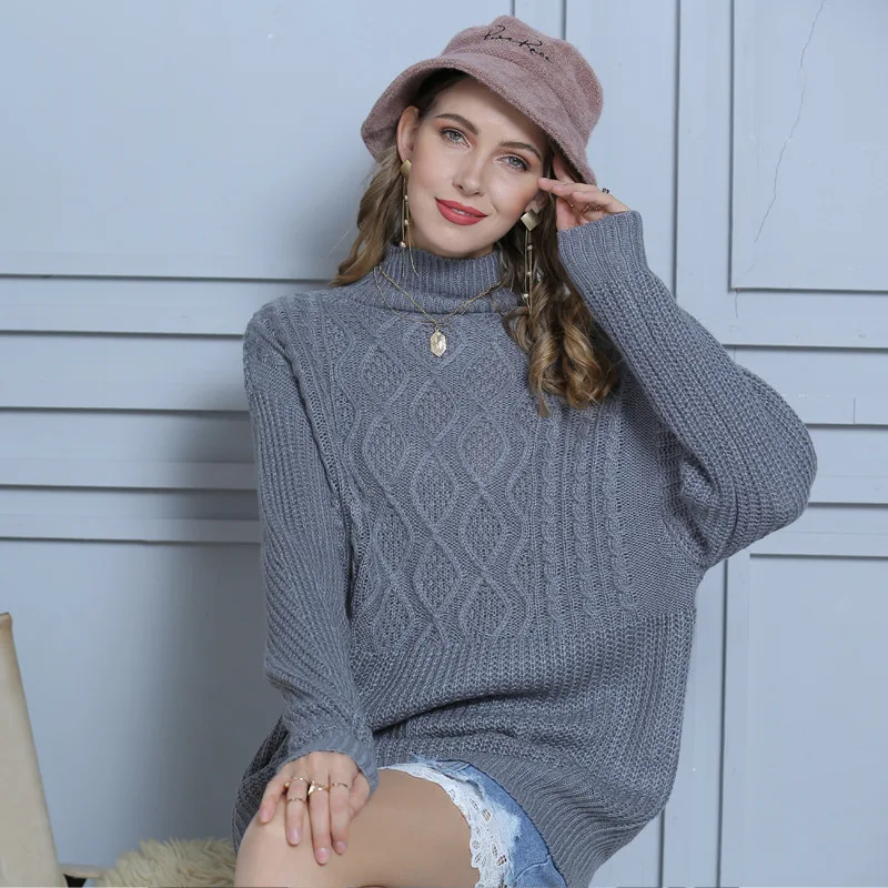 

Large Size Women's Lantern Sleeve Half Turtleneck Twisted Sweater Women's Pullover Mid-Length Bottoming Sweater