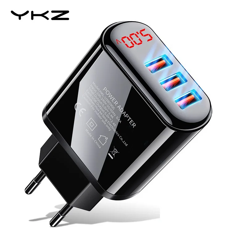 YKZ, 18 Вт, USB зарядное устройство для телефона, 3,4 A, адаптер для быстрой зарядки, светодиодный дисплей, настенное зарядное устройство для мобильных телефонов европейского стандарта для iPhone, samsung, Xiaomi, huawei