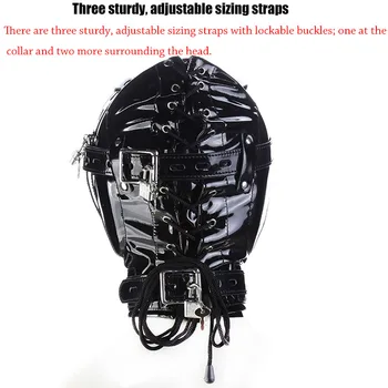 Wet Look Locking Bondage Bdsm Mask, Open Mouth Hood Blindfold Restraints Leather Harness ,Sex Toys For Couples Exotic 4