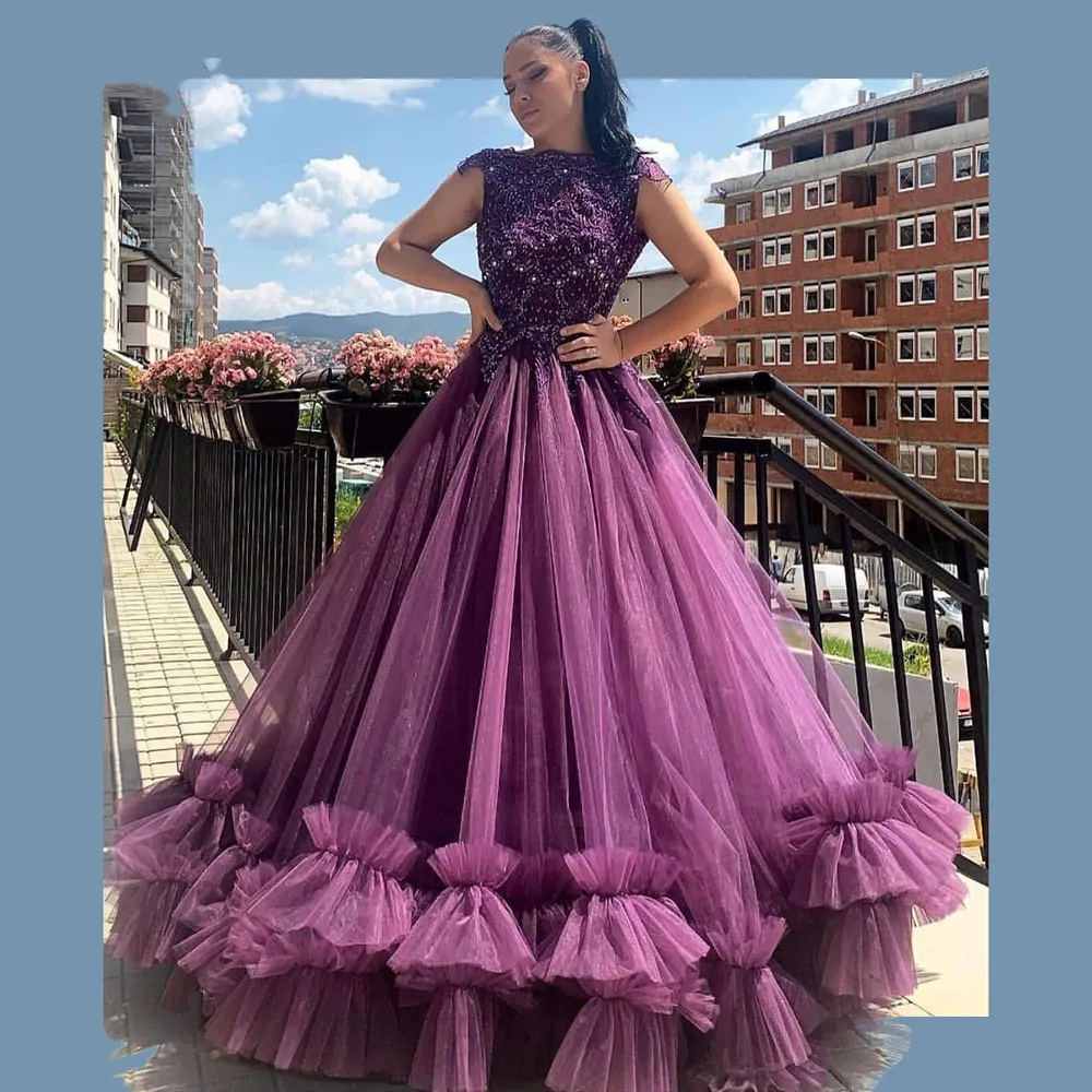 

Evening Dresses With Sleeveless Long A Line 2020 For Women Purple Ruffle Formal Prom Party Night Gowns Plus Size
