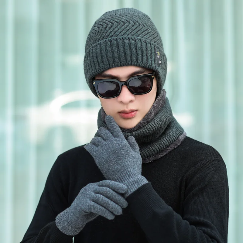 Winter Hat Set Scarf Glove 3 Pieces For Men And Women Outdoor Knitted Hat Warm Thicken Skullies Beanie Scarf Set