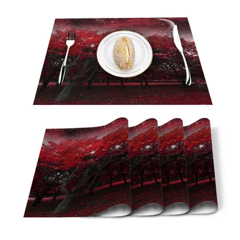 

Red Woods Moon Starry Sky Placemat Washable Cotton Linen Table Cloth Pad Mat Rectangle Placemats Heat Resistant