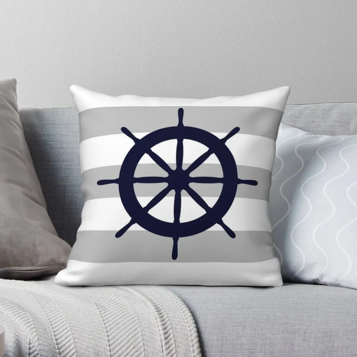 

Nautical Navy Blue Ship's Wheel Stripes Square Pillowcase Polyester Linen Velvet Zip Decor Pillow Case Home Cushion Case 45x45