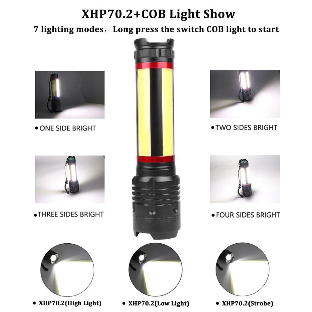 Многофункциональный светодиодный светильник-вспышка XHP70.2+ COB супер яркий тактический фонарь Водонепроницаемый масштабируемый кемпинговый светильник встроенный аккумулятор 5000 мАч