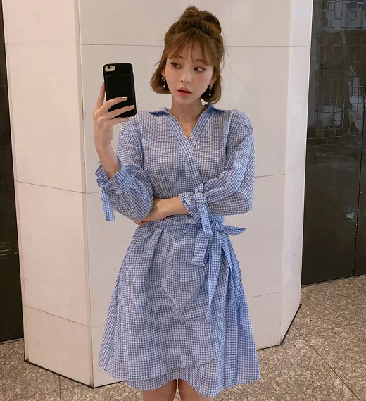 

2020 Spring And Summer Korean Style Sky Blue Plaid by Age Girly Style Contrast Color Ladies' Pattern Lace-up V-neck Dress Women'