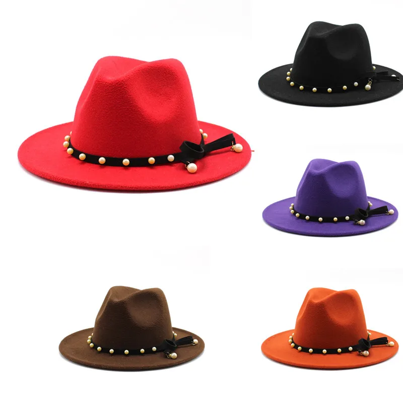 

Panama2021 fedoras Korean version of pearl ladies bucket hat summer hat woolen jazz hat British holiday top hat tide