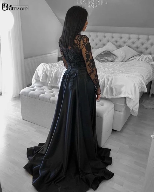 Illusion Sheer Black Lace Long Sleeve Slit Prom Dress - Lunss
